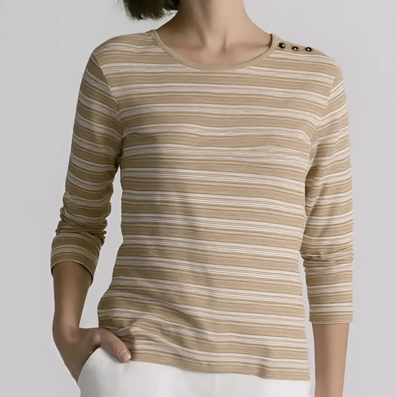Ralph Lauren LRL Womens Long Sleeve Top Button Shoulder Tan Striped Size 1X - Picture 1 of 6